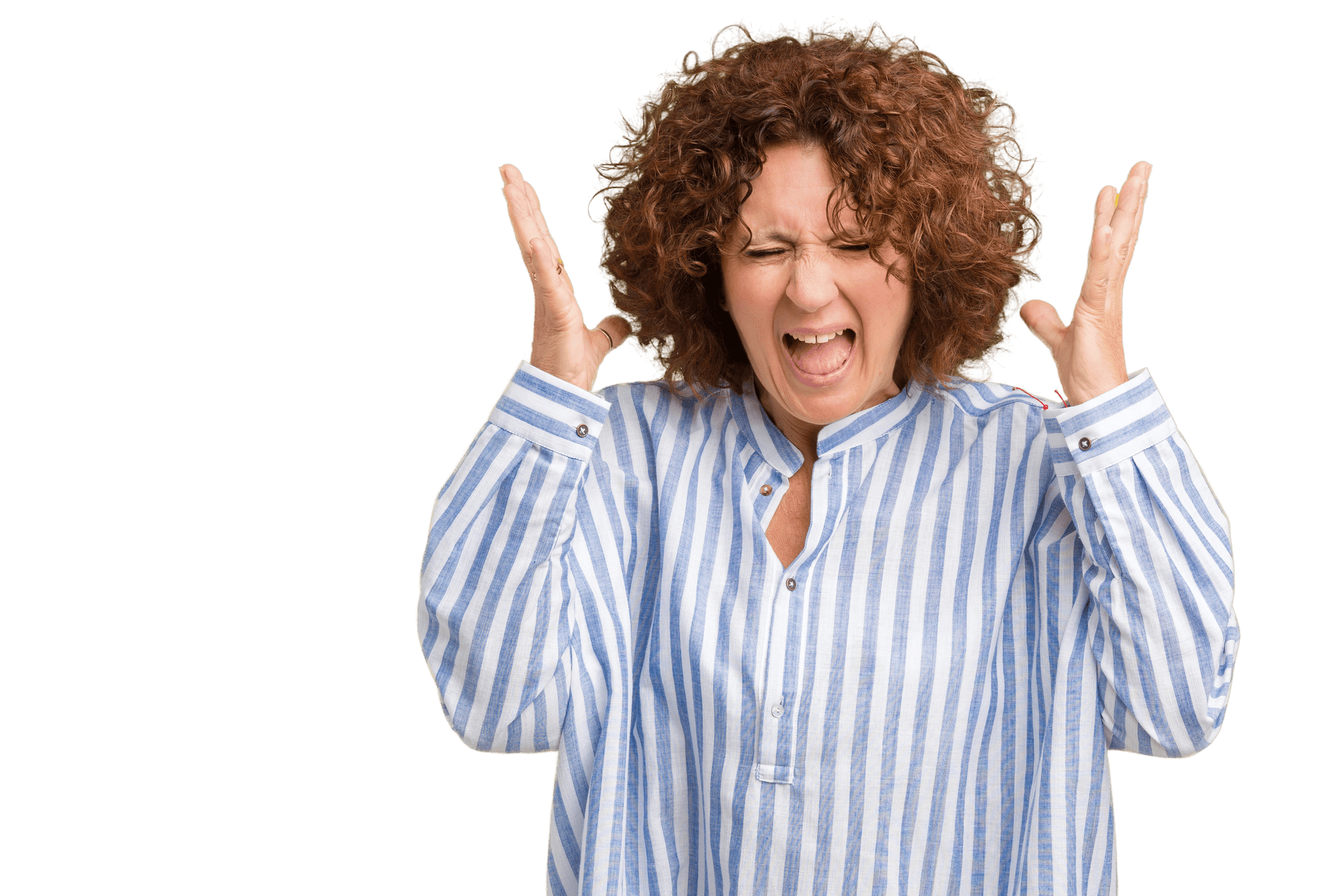 middle aged woman wearing navy shirt frustrated